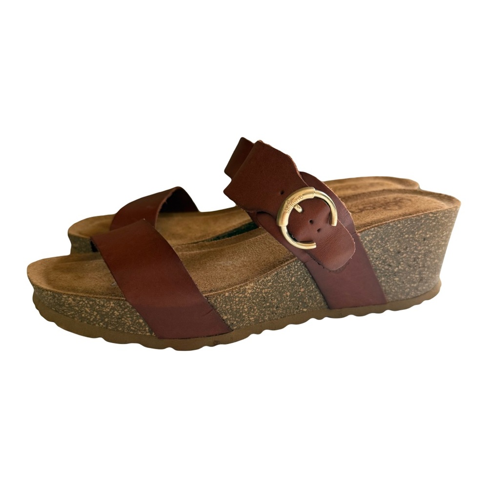 Yokono Caramel Brown Cork‎ Wedge Leather Strappy Classic Slide Sandals Size 9.5